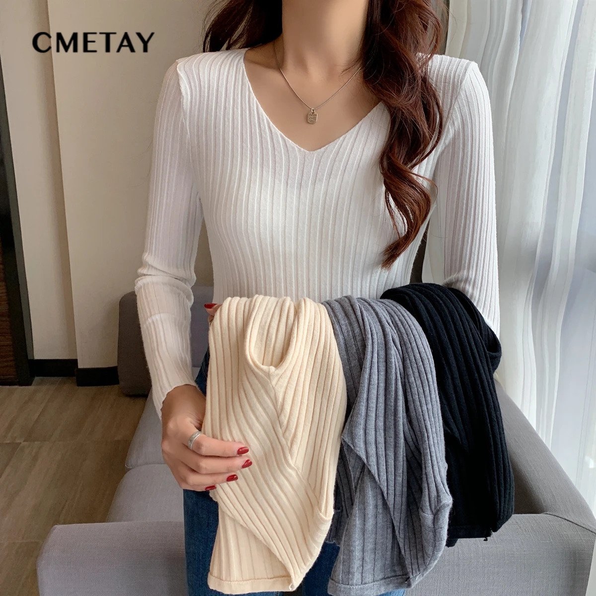 

Korean V Neck Slim Knitted Sweater Women Fall 2021 Tight Fitting Long Sleeved Pullover Bottoming Shirt Solid Color Basic Tops