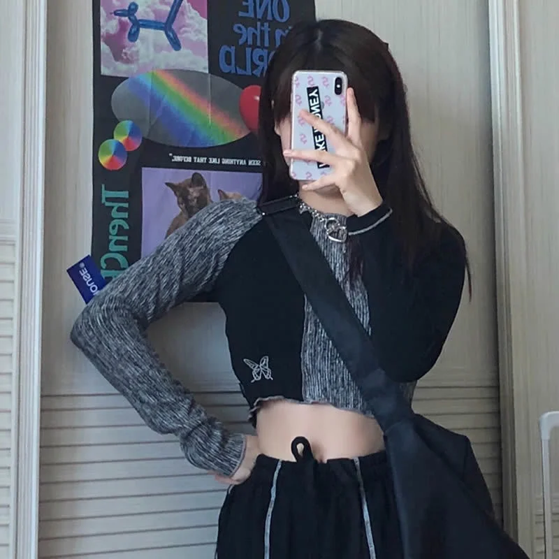 

Torticollis Stitching Short Long-sleeved Women's Tshirts Korea Butterfly Embroidery Harajuku Y2k Off-shoulder Top Gothic T-shirt