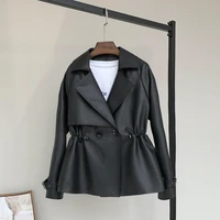 nerazzurri spring black short faux leather jacket women drawstring long sleeve double breasted fall 2021 soft pu leather jackets