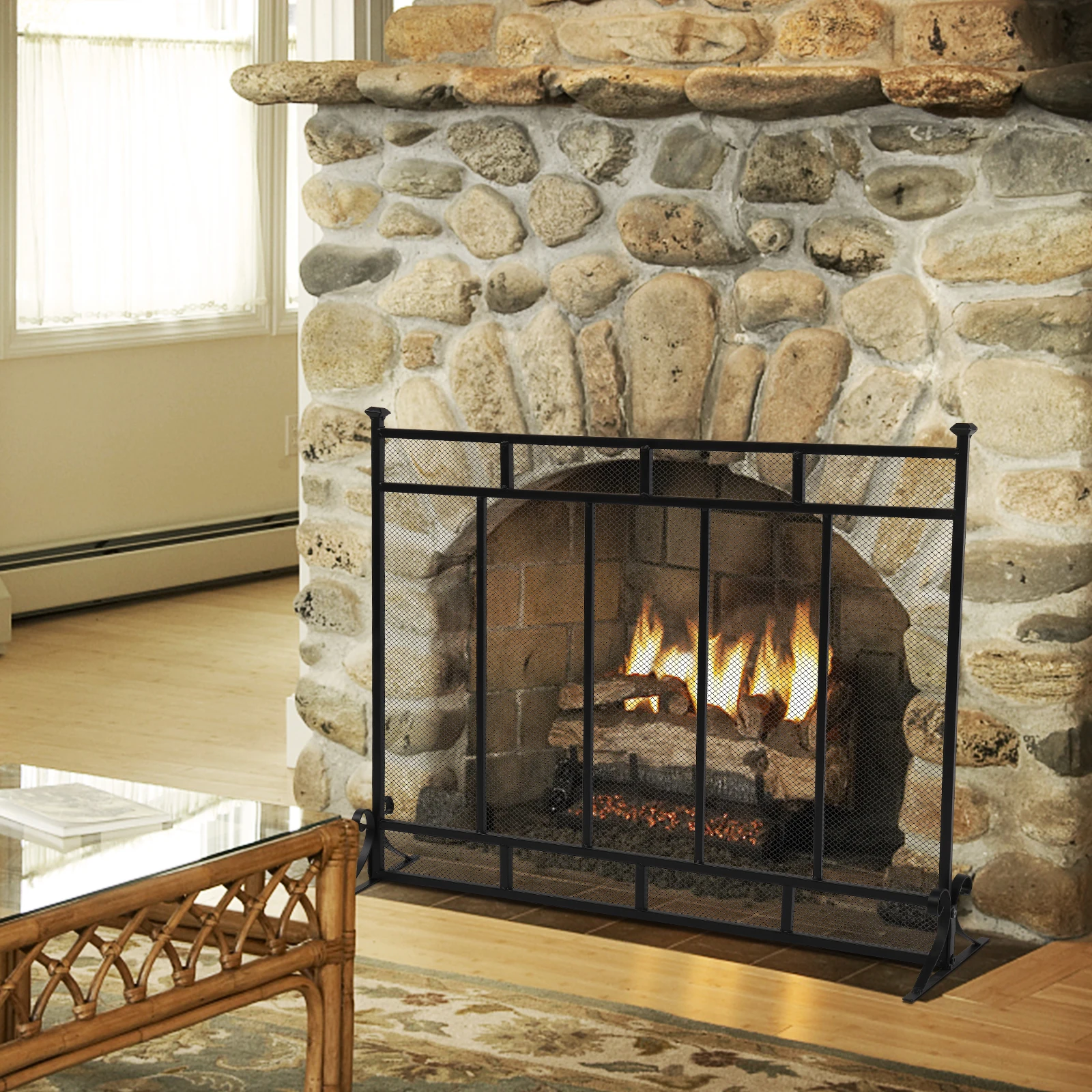 

Fireplace Screen Vertical Grid Decorative Iron Mesh 99x30.5x79cm[US-Stock]