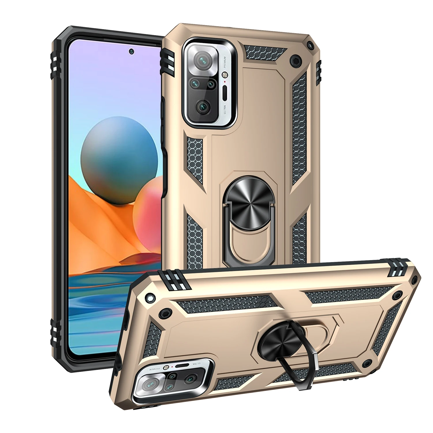 

Fashion Armor Rugged Kickstand Phone Case For Xiaomi Redmi Note 10 Pro Max Anti Fall Ring Holder Car Magnetic Protection Cover