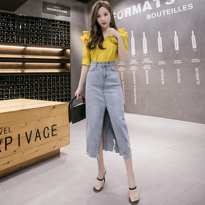 

High Waist Skirt Spring and Autumn with Holes Slit Jean Skirt Womens Korean-style Fashion A- Line Front Slit Skirt