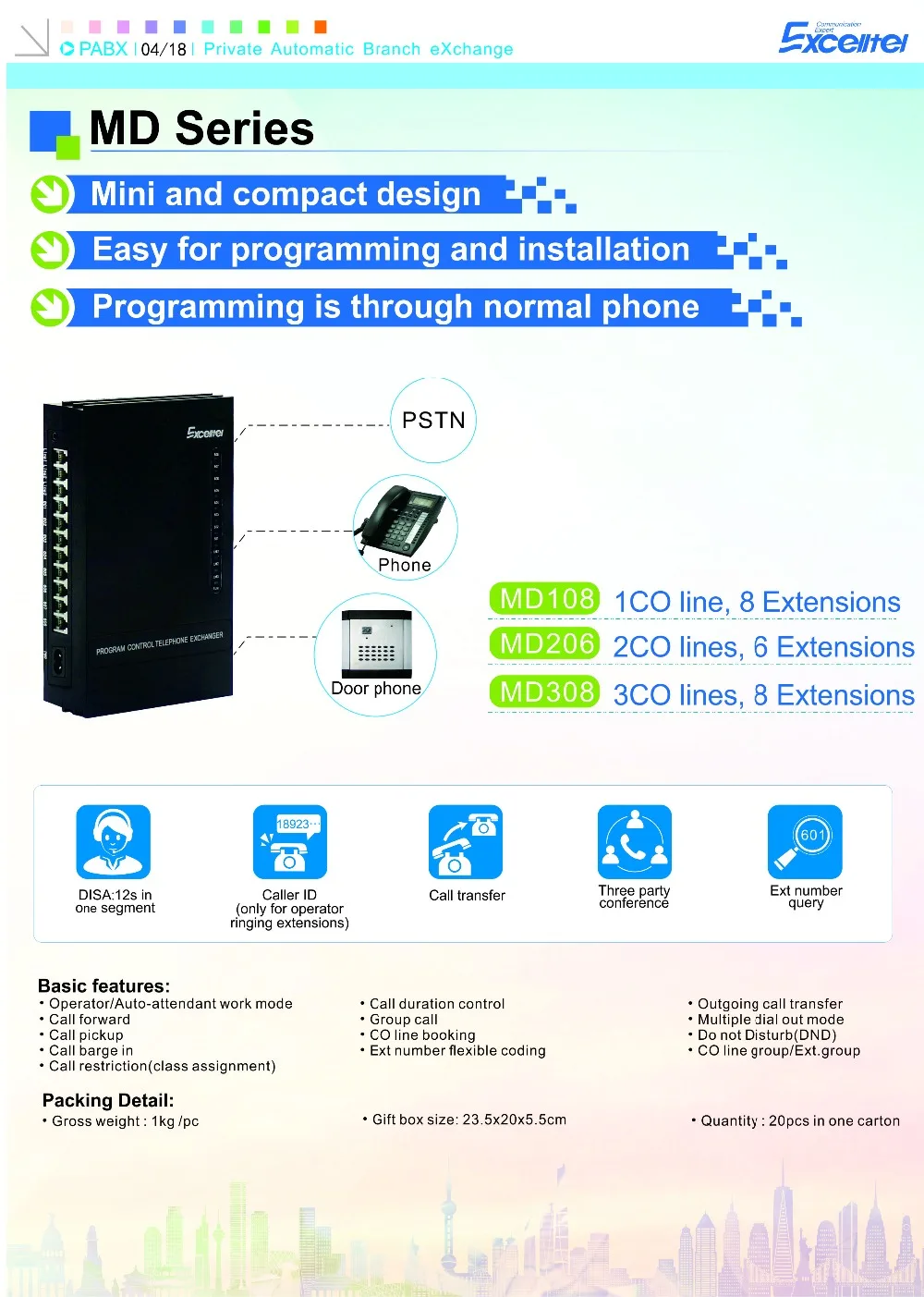 EXCELLTEL легкое Программирование телефон Системы/Офисная АТС/MD308/3 линии PSTN 8 расширение Mini PABX