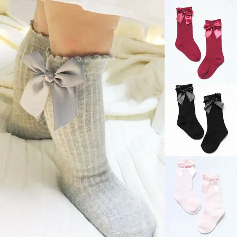 Calcetines hasta la rodilla para ni&ntilde;a, medias de princesa con lazos, botines largos de tubo, a rayas, 2019-0