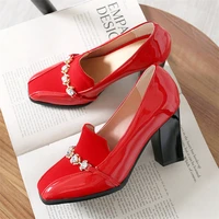 2020 spring high heels women shoes elegant block heel sexy dress office ladies shoes square toe slip on patent leather pumps red