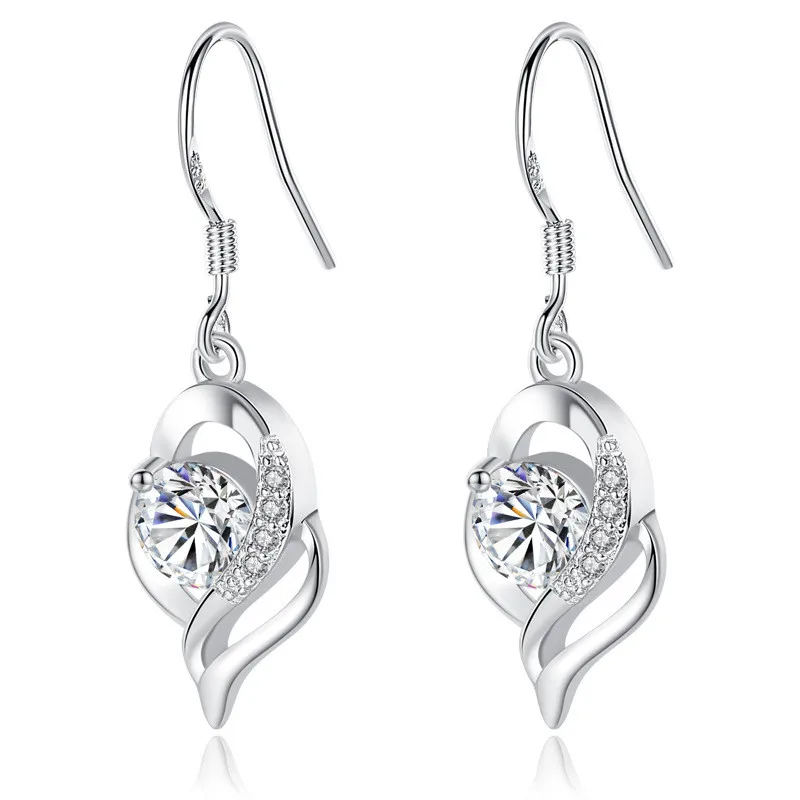 

Luxury Female Pink Blue White Stone Earrings Silver Color Long Drop Wedding Earrings Small Round Dangle Earrings For Women