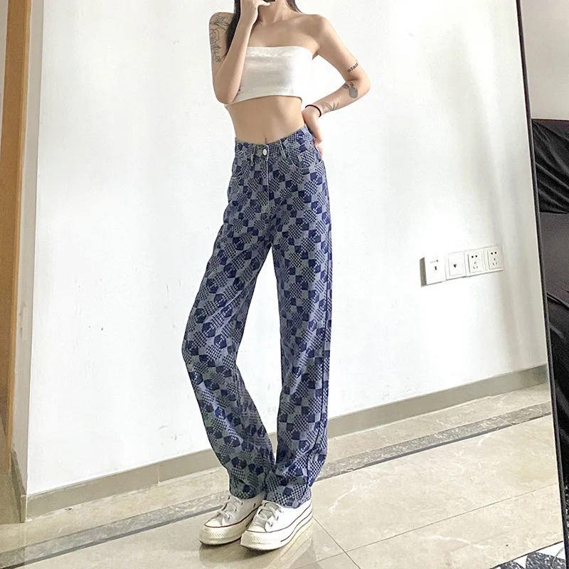 

Осенние новые стильные женские свободные Модные клетчатые повседневные Прямые джинсовые широкие брюки с высокой талией