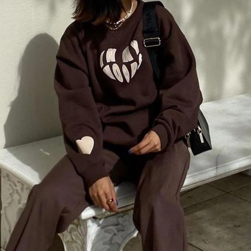 Harajuku street letter Hoodies y2k Retro long sleeve oversized pullovers heart cute print casual winter tops women sweetshirts
