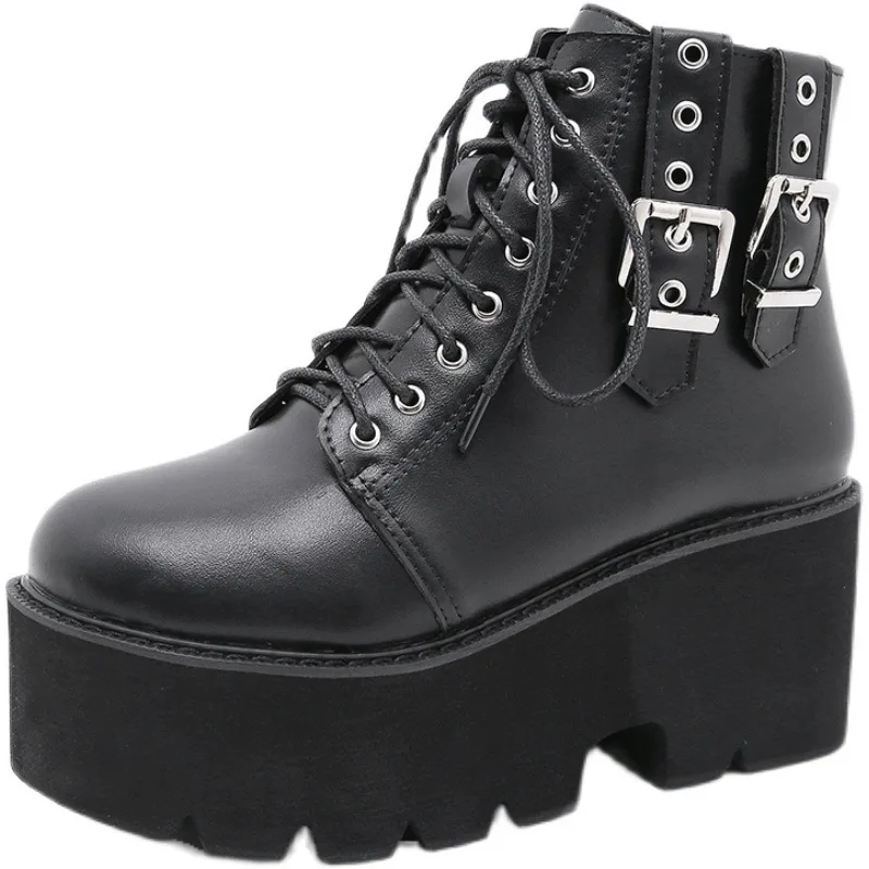 

Женские ботильоны из натуральной кожи, черные ботинки в стиле панк, мотоциклетная обувь на платформе