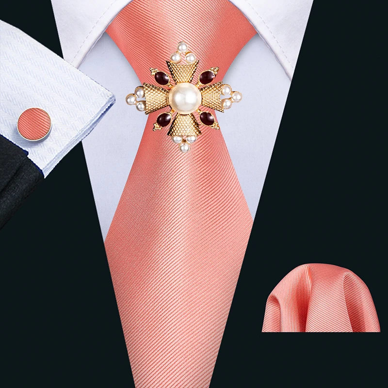 

New Men Tie With Handkerchiefs Cufflinks Brooch Sets Neckties Set For Men Casual Pink Solid Ties For Wedding Party Groom