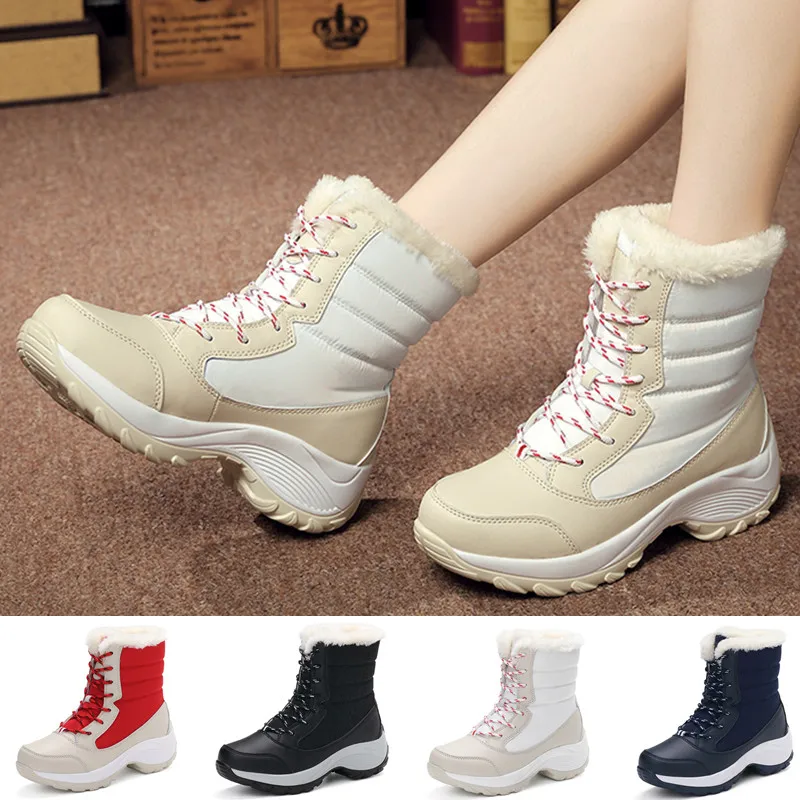 

Winter Casual Shoes Warm Women's Walking Boots Hight Top Lace Up Flatform Velvet Ladies Ankle Boots