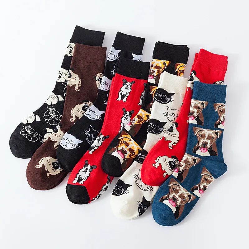 5pairs Fashion Funny Mens Socks Hip Hop Harajuku Kawaii Cartoon Cotton Socks Stripe Animal Plaid Happy Casual Sock Gifts for Men