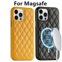 luxury leather magsafing magnetic wireless charging case for iphone 13 pro max mini non slip 3d grids rhimbus armor back cover