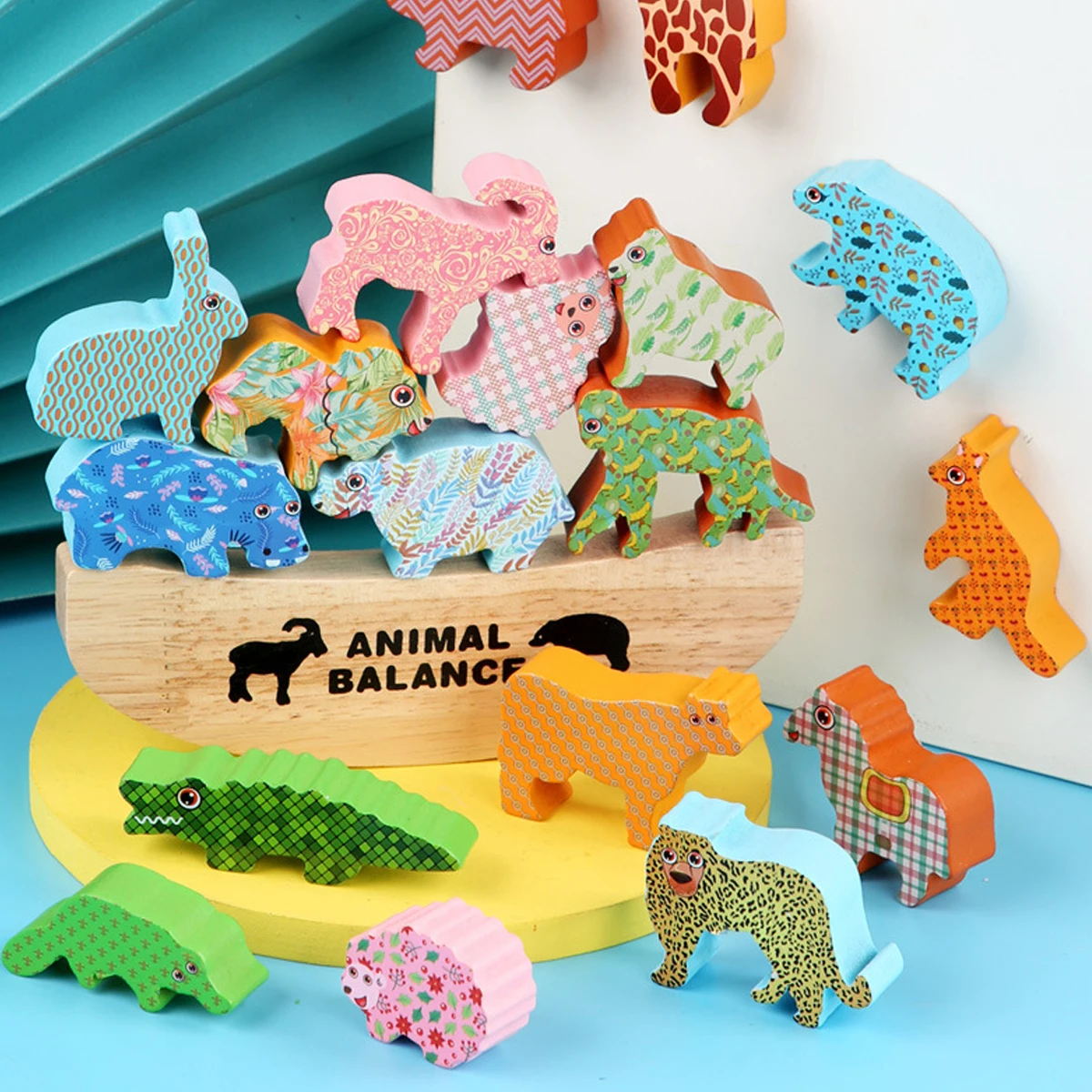 

Children Wooden Stacking Balance Building Block Toy Cartoon Animal Dinosaur Colorful Blocks Balance Games Montessori Wooden Toys