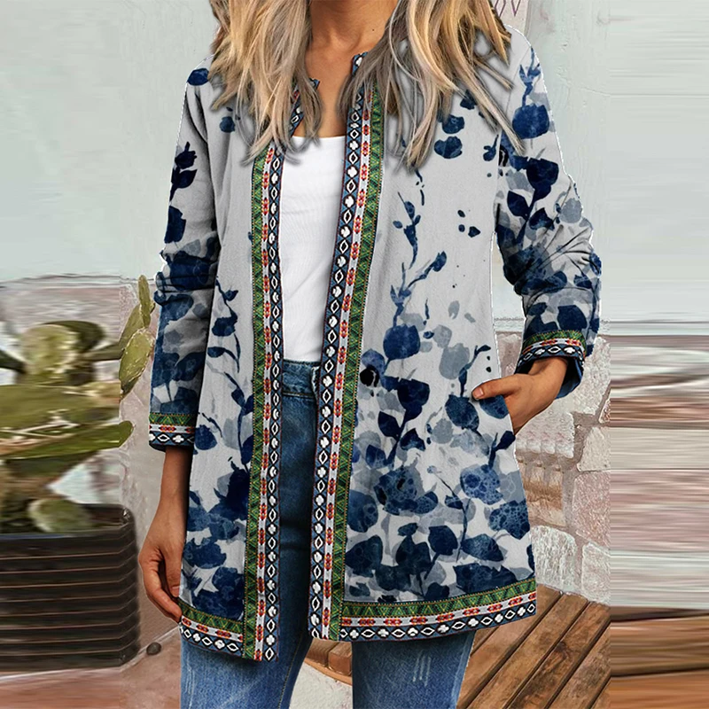

Vintage Ethnic Print Windbreaker Jacket Women Elegant Stand Collar Cardigan Coats Autumn Winter Warm Pockets Casual Outerwear
