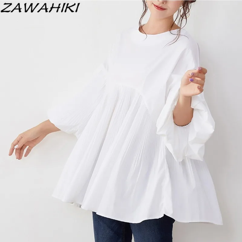 

Zawhiki женские топы 2021 Весенние Новые Стильные корейские модные однотонные элегантные блузы женские универсальные блузки с круглым вырезом и...