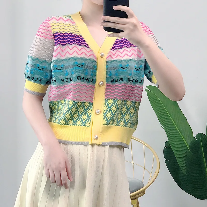 

Кардиган женский укороченный из органзы, тонкий, летний, с V-образным вырезом, волнистыми медвежьими волнами, A0, 2021