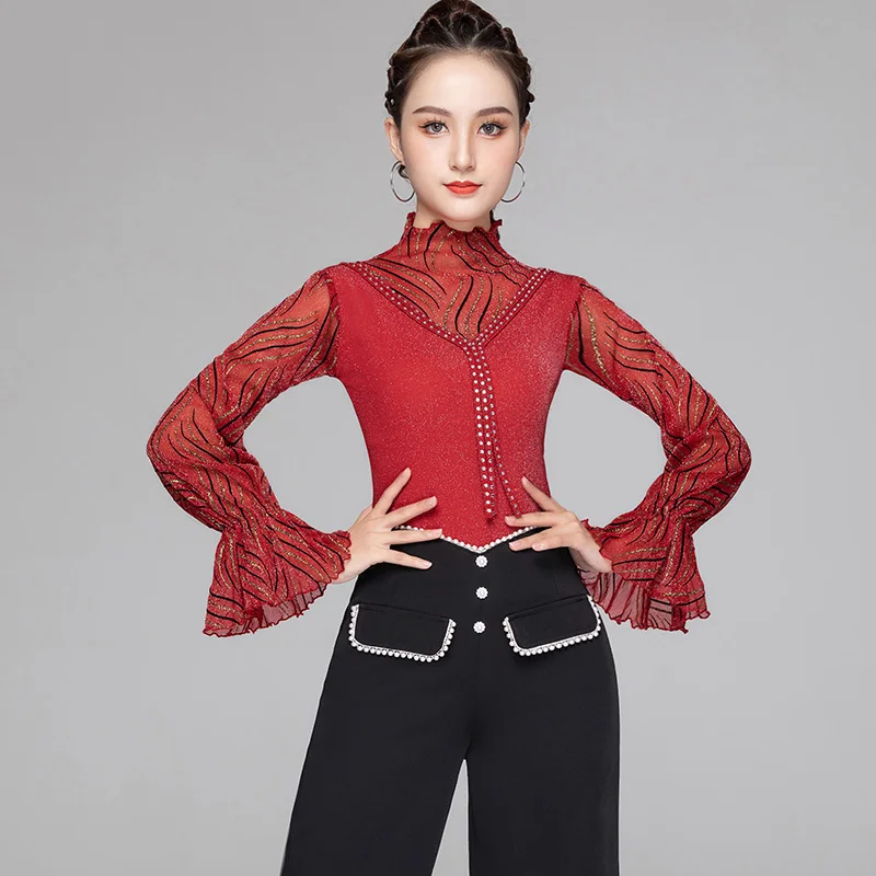 

Latin Dance Top Mesh Gauze Long Sleeve Shiny Shirt Professional Rumba Practice Clothing Rumba Stage Performance Clothes