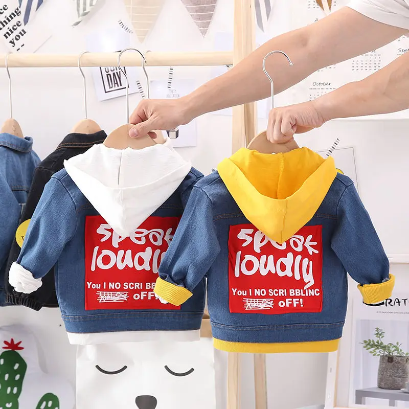 

Детские джинсовые куртки с капюшоном, повседневные толстовки с мультяшным принтом для мальчиков и девочек, детские джинсовые куртки с надп...
