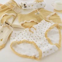 cute yellow ruffles panties bow soft cotton girl underwear broken flower lattice womens panties student girl briefs