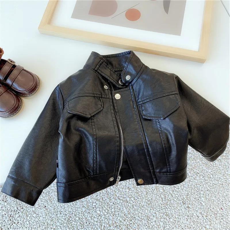 

DFXD 2020 Autumn Winter Baby Boys Girls Thicken PU Coats Kids Fashion Black Faux Leather Jackets Children Clothes Kids Outwear