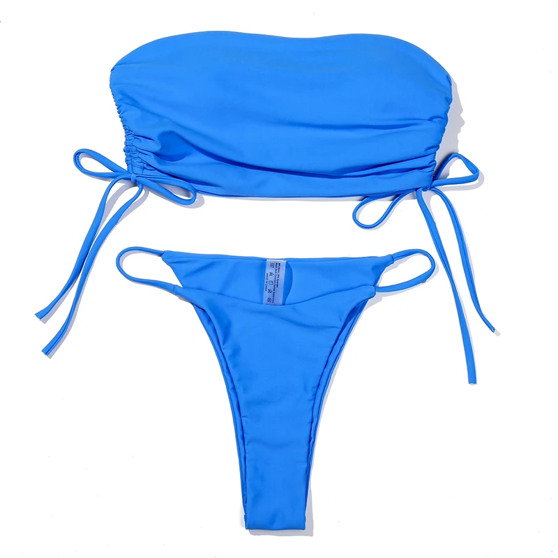 

Strapless Solid Sexy Bikinis Bandage Blue Bikini 2020 New Arrival Padded Bra Low Waist Swimsuit Female Swimwear Women