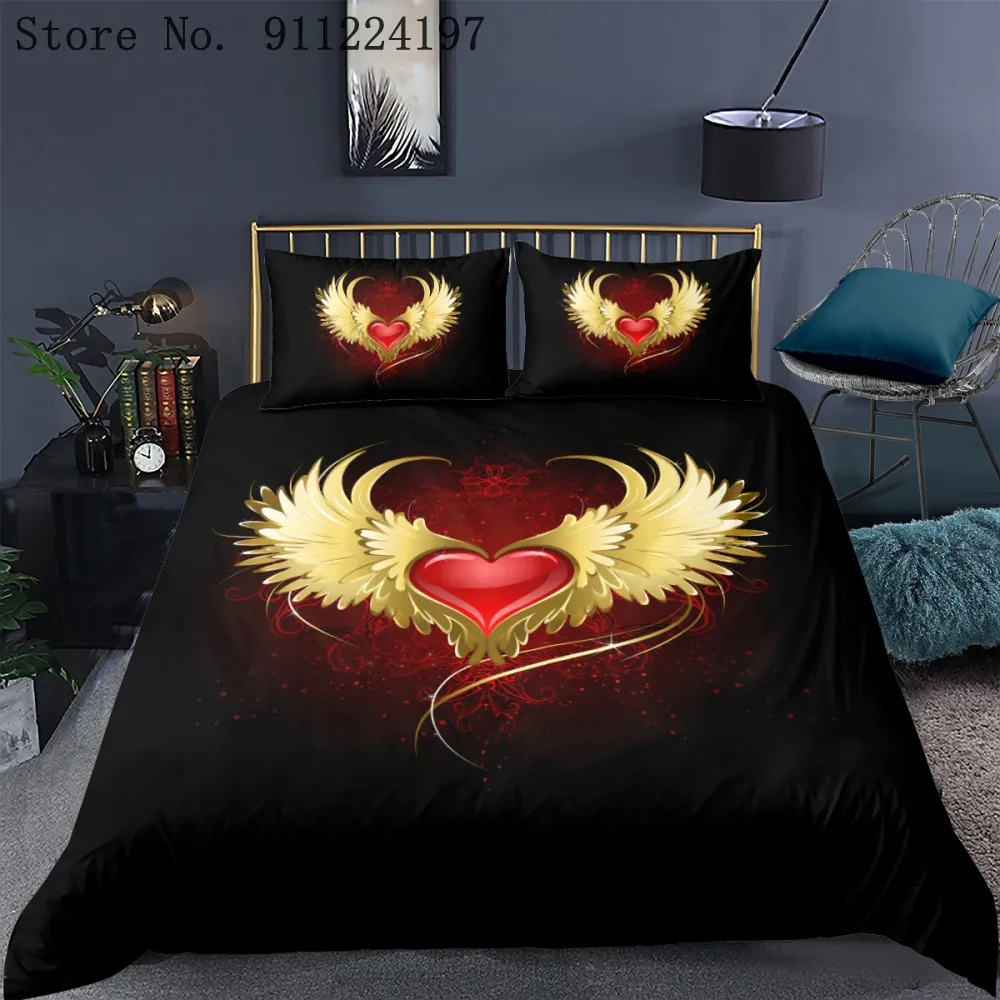 

2/3pcs Red Heart Bedding Set High Quality Duvet Cover Twin/Full Queen/King 229x229cm Black Comforter Bed Linens Microfiber