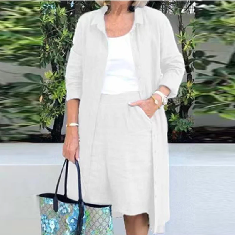 

Retro Plain Cotton Linen 2pcs Set Women Spring Single Breasted Button Long Shirts and Half Pants Suit Autumn Pocket Lady Outfits