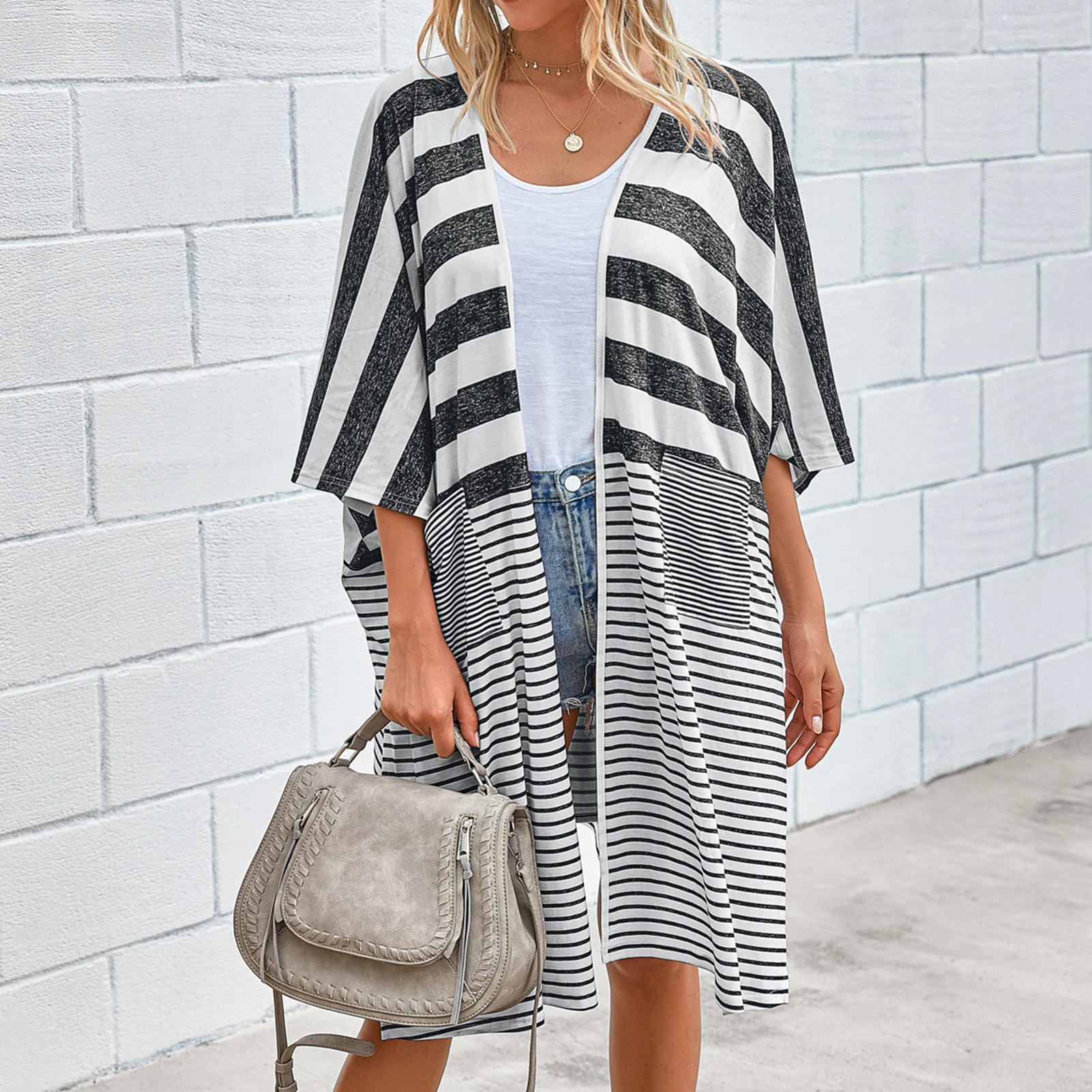 

Women Coats Spring Autumn Open Front Long Sleeve Stripes Cardigan Knee-length Coat Jacket Horizontal Stripes V-Neck Plus Size