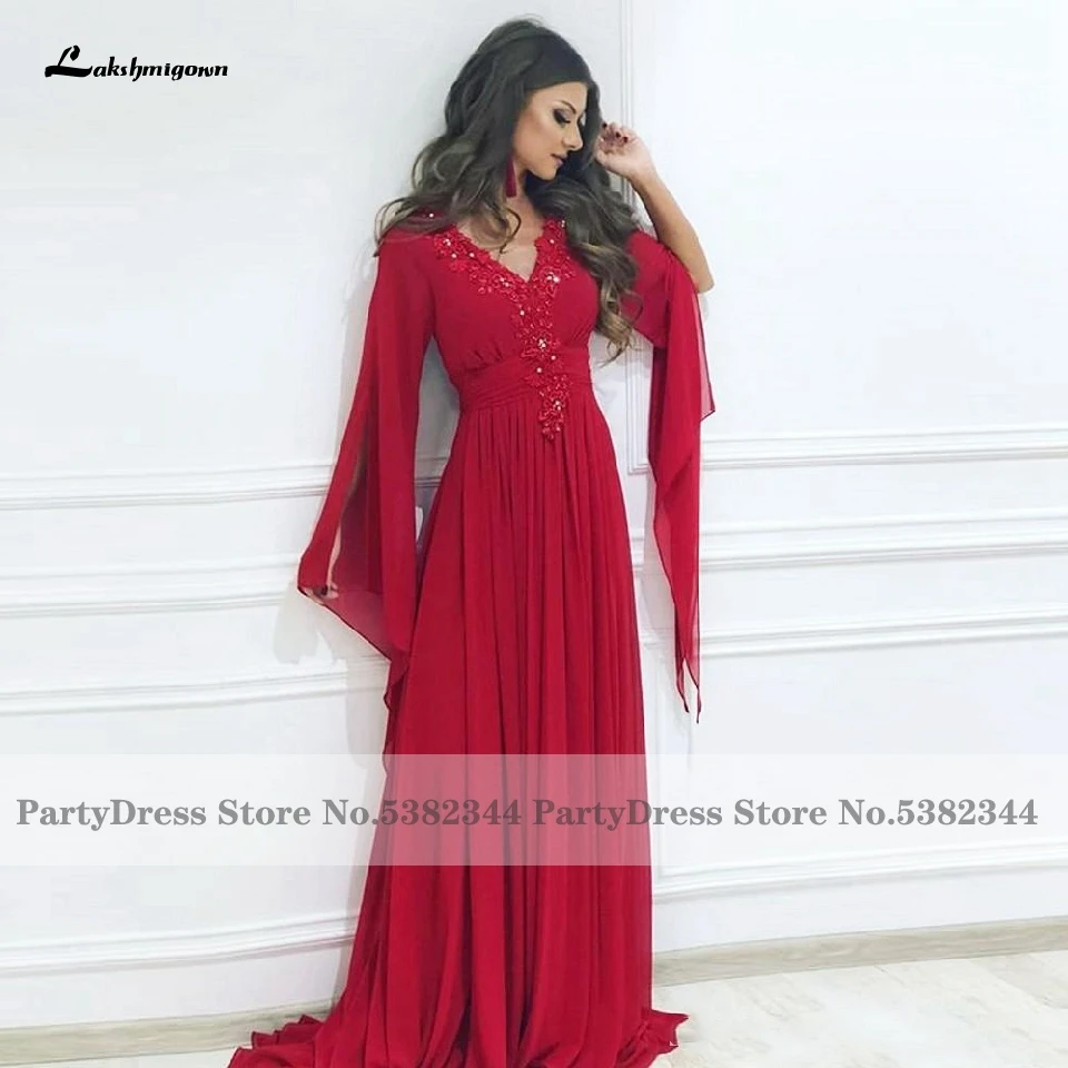 Арабское женское красное шифоновое вечернее платье с длинным рукавом 2020 Robe Marocaine