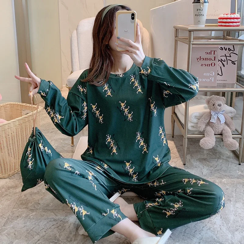 

Autumn Winter Cotton Women Pijamas Simple Home Cotton Round Collar Set Two Sets of Casual Pajamas Home Clothes Sleep Wear