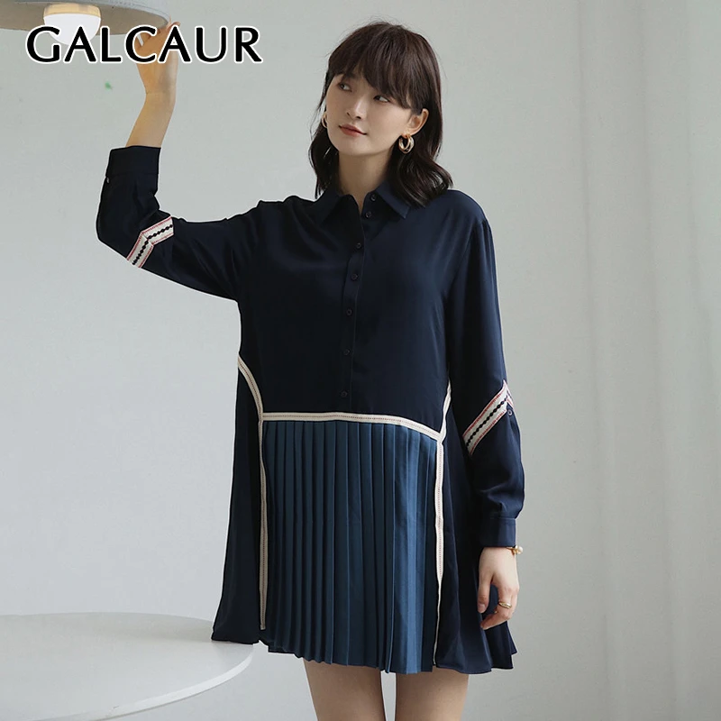 GALCAUR хит разноцветное платье для женщин воротник с лацканами длинный рукав