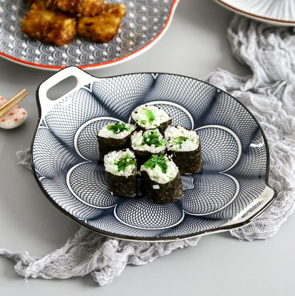 Креативная керамическая тарелка с двойными ушками глазурированная цветная