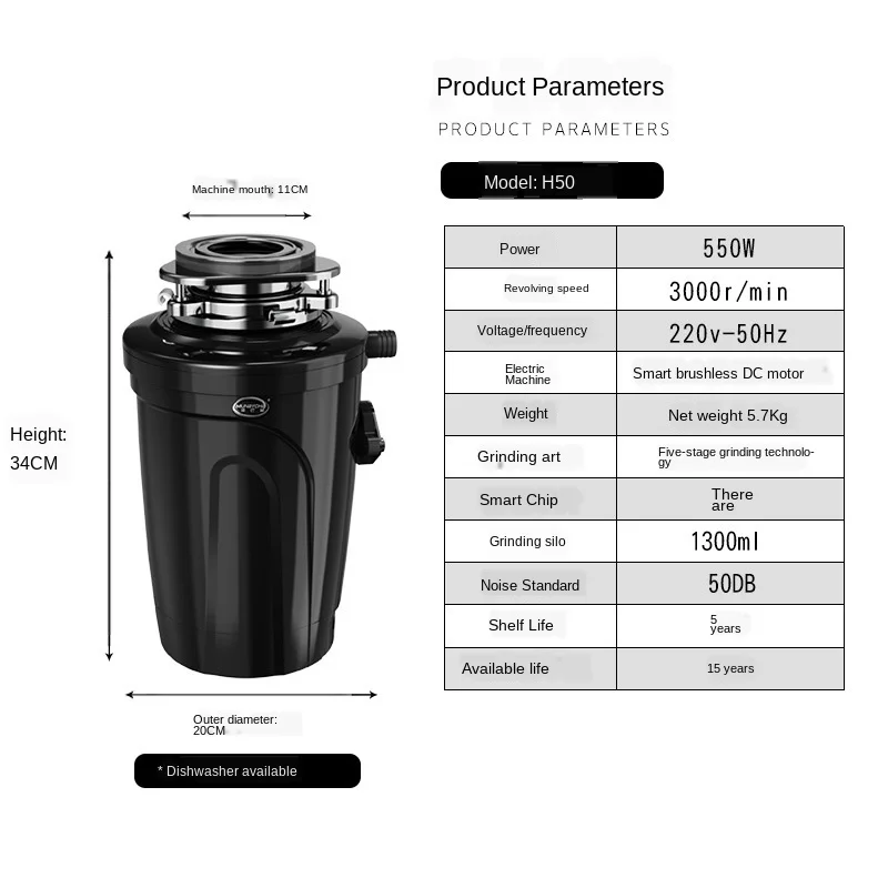 

700W220V Food waste disposer Wireless Switch 50db Food waste crusher High quality Food residue Garbage processor