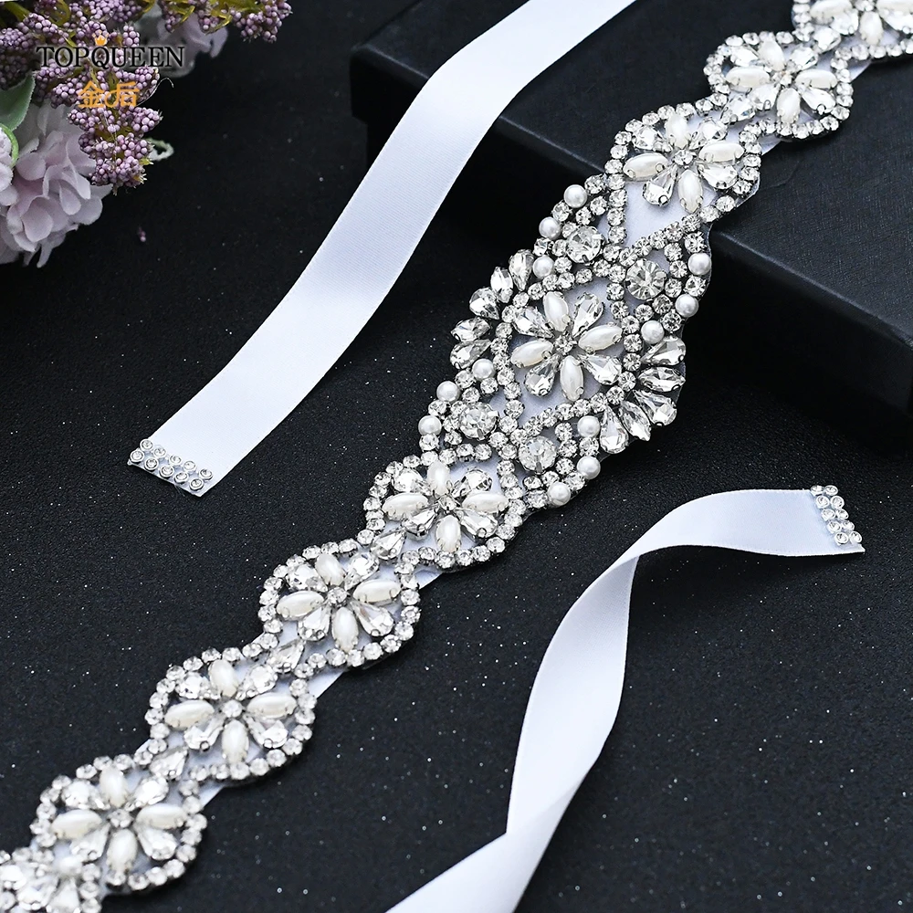 TOPQUEEN-cinturones de novia S161 para mujer, joyería de boda ostentosa, diamantes de imitación de plata, perlas de cristal, brillante, vestido Formal de fiesta, faja de diamantes