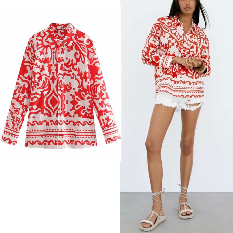 

Woman Za 2021 Casual Summer Print Shirt Fashion Lapel Single-breasted Everyday Ordinary Long Sleeve Shirt Vintage Office Shirt