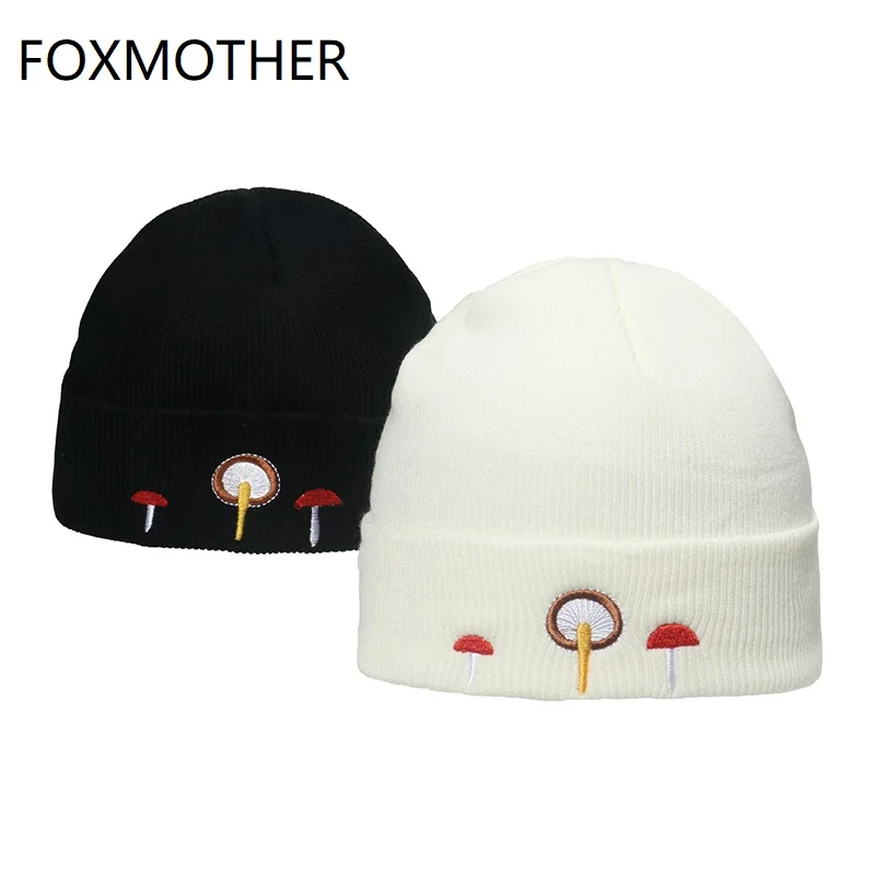 

Вязаная шапка FOXMOTHER для женщин и девушек, модная уличная теплая шапка с черными и белыми грибами