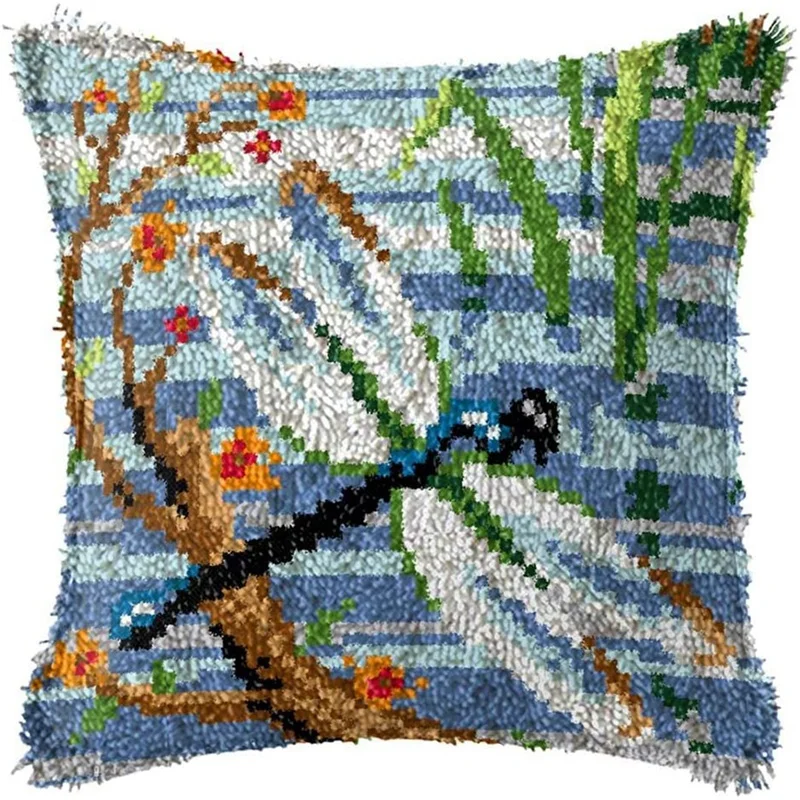

Latch Hook Pillow Kit for Adults Kids DIY Throw Pillow Cover Printed Canvas Dragonfly Pattern Handcrafted Crochet Decor