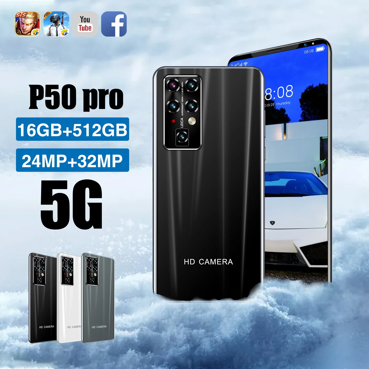

Global Version P50 Pro 5G Smartphones 5600mAh 5.5 Inch HD+ Full Display 16+512G Mobilephones Fingerprint Unlock Cellphones