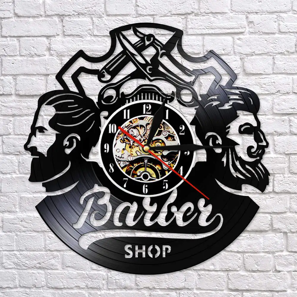 Barber Shop Logo Hair Salon Decor Vintage Vinyl Record Wall Clock Accessories Hairdresser Sign Decorative Watch | Дом и сад