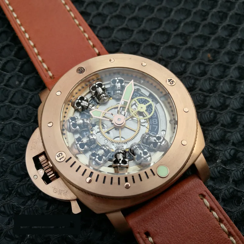 

Fat sea bronze punk skull mechanical men's watch luminous original stainless steel retro men watch skeleton leather luxury clock
