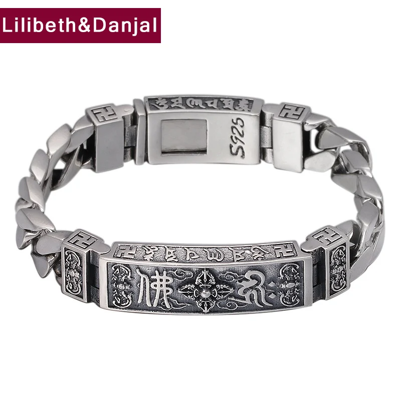 

Men Vintage Bracelet Bangle Pure 925 Sterling Silver Buddha Mantra Magic Weapon Vajra Jewelry Pulseras Mujer 2021 New Arrival B7