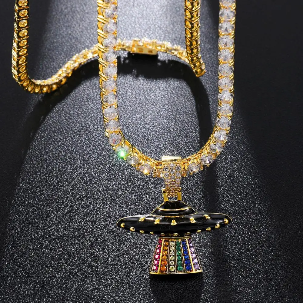 Men/Women Hip hop UFO airship Pendant Necklaces with AAA Zircon tennis chain Hiphop iced out bling Necklace fashion jewelry | Украшения и