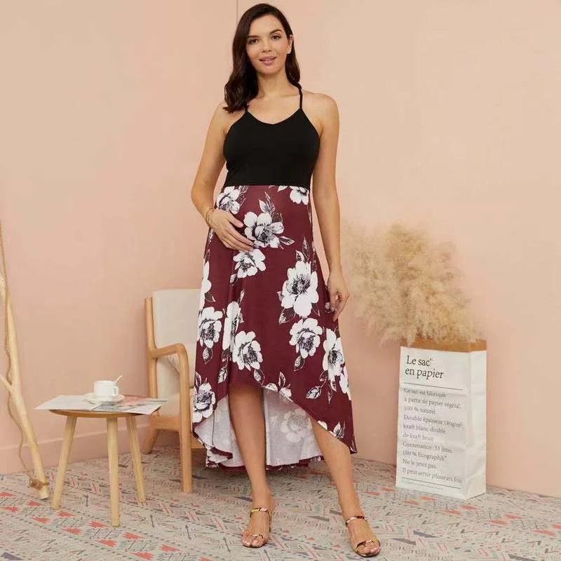 

Maternity Dress Summer Print Sling Contrast Stitching Breastfeeding Sleeveless Elegant Dress Ladies Fashion Clothes PW34