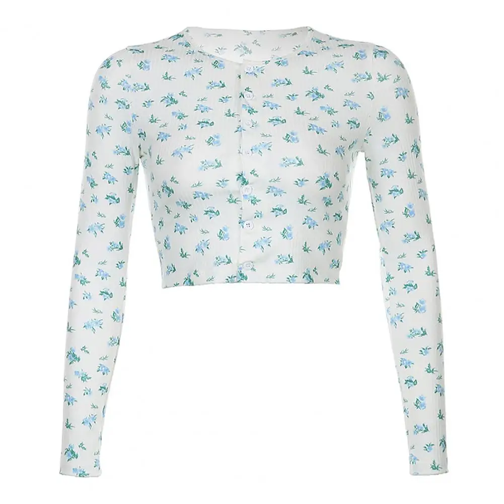

Women tops Spring Autumn Long Sleeve Slim Floral Print Street Stylish Crop Top T-Shirt Single-breasted Pullover Tee Tops