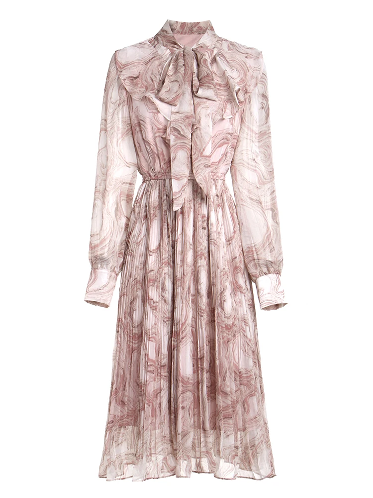 Vintage Elegant Chiffon Midi Dress Women Clothes 2020 Spring Party Long Sleeve Ladies Dresses Pleated Vestidos | Женская одежда