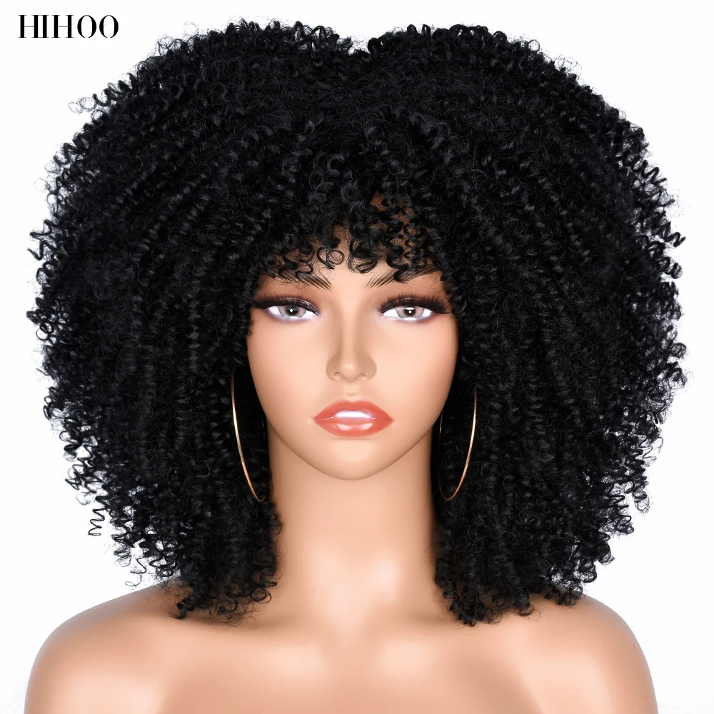 

Short Hair Kinky Curly Afro Wigs With Bangs For Women 10" Synthetic African Glueless Cosplay Heat Resistant Wigs HIHOO