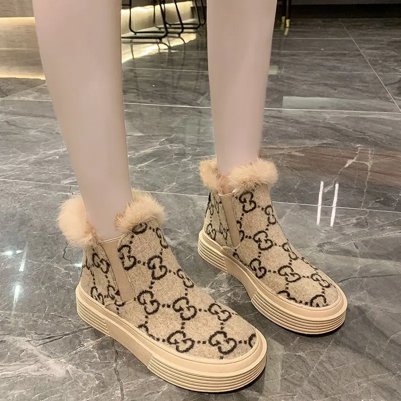 

2021 Autumn Winter Leopard Snow Boots Women Letter Printing Flat Sole Ankle Shoes Female Thick Bottom Faux Fur Martin Boots