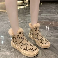 2021 autumn winter leopard snow boots women letter printing flat sole ankle shoes female thick bottom faux fur martin boots
