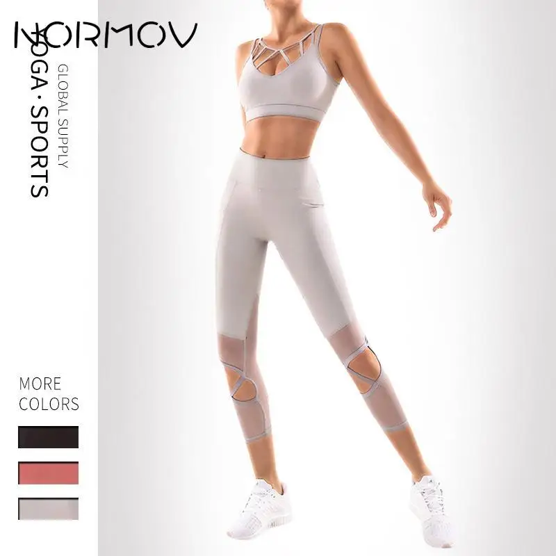 

NORMOV Women Gym Sets with Pocket Breathable Fitness Clothing Sexy Bra and Yoga Leggings Workout Set Seamless Sportswear